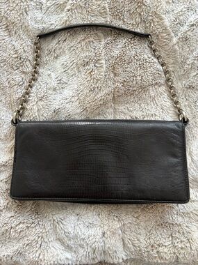 Ann Taylor Black Croc-Embossed Leather Shoulder Bag with Gunmetal Chain Strap